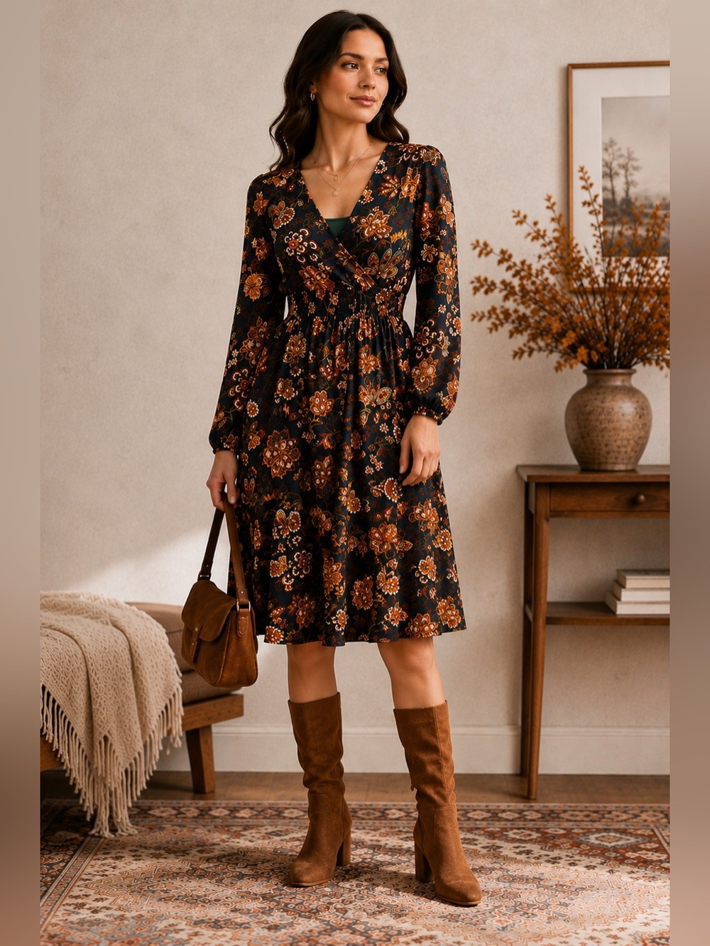 Maeve Green Floral Long-Sleeve V-Neck Midi Dress with Rust Accents